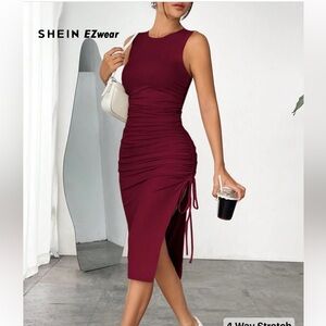 SHEIN Burgundy Ruched Side-Tie Midi Dress